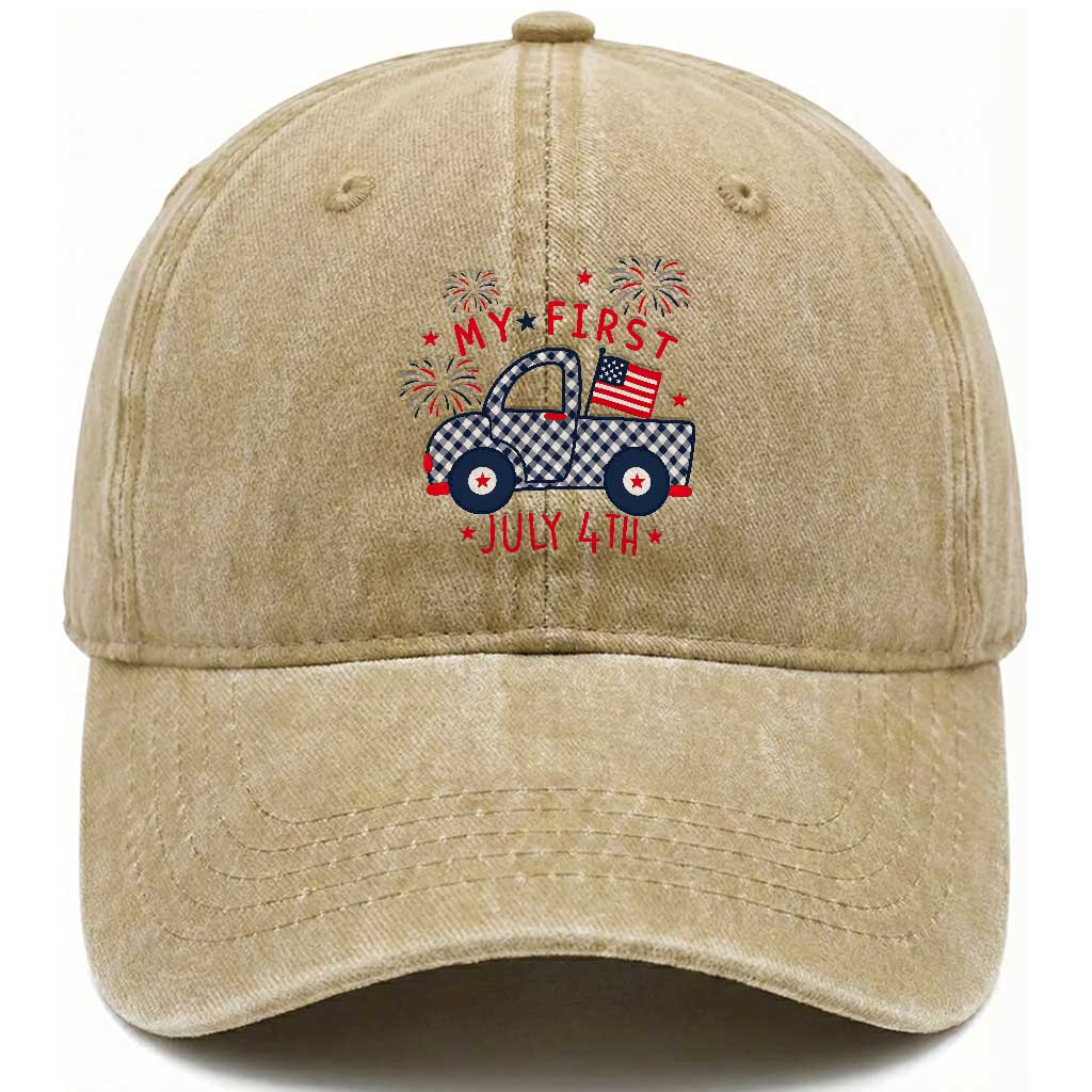 My First July 4th Gingham Vintage Truck Americana Washed Cotton Baseball Cap Patriotic Fireworks Independence Holiday Milestone TS02 Print Your Wear