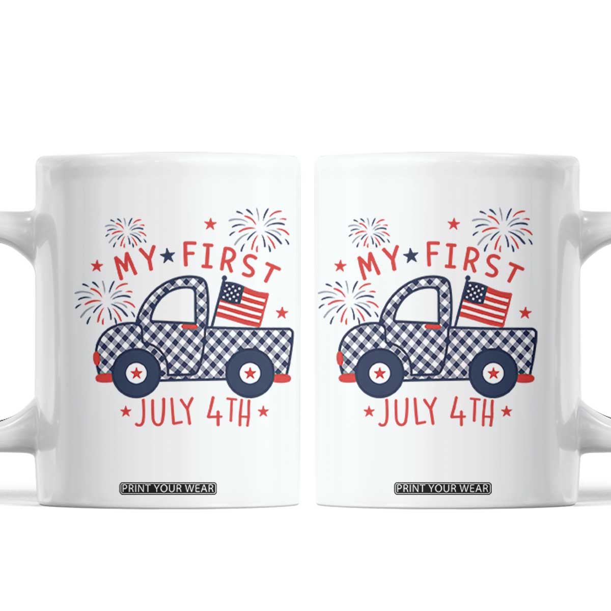 My First July 4th Gingham Vintage Truck Americana Coffee Mug Patriotic Fireworks Independence Holiday Milestone