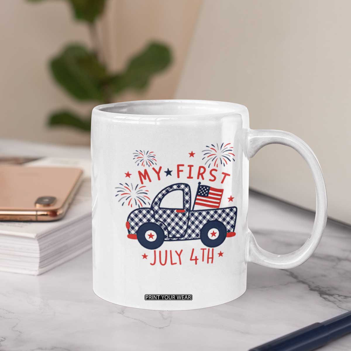 My First July 4th Gingham Vintage Truck Americana Coffee Mug Patriotic Fireworks Independence Holiday Milestone