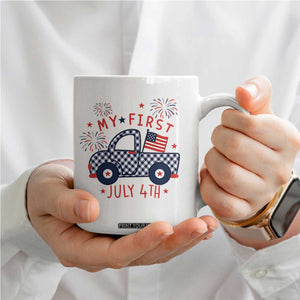 My First July 4th Gingham Vintage Truck Americana Coffee Mug Patriotic Fireworks Independence Holiday Milestone