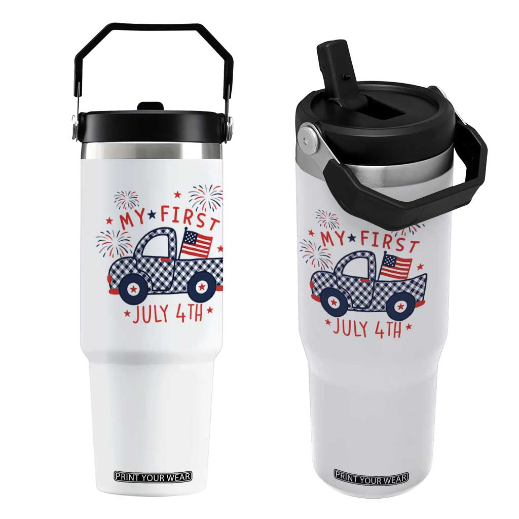 My First July 4th Gingham Vintage Truck Americana Flip Straw Tumbler Patriotic Fireworks Independence Holiday Milestone
