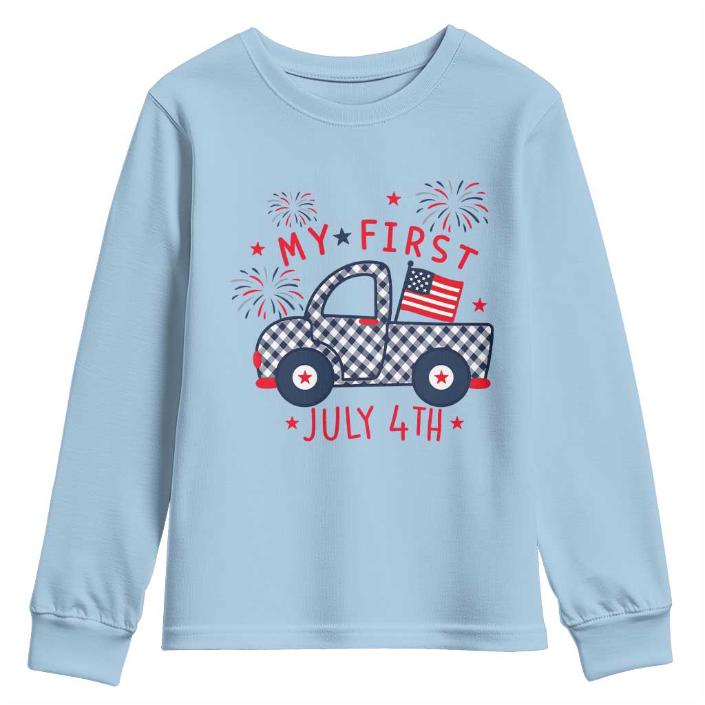 My First July 4th Gingham Vintage Truck Americana Youth Sweatshirt Patriotic Fireworks Independence Holiday Milestone