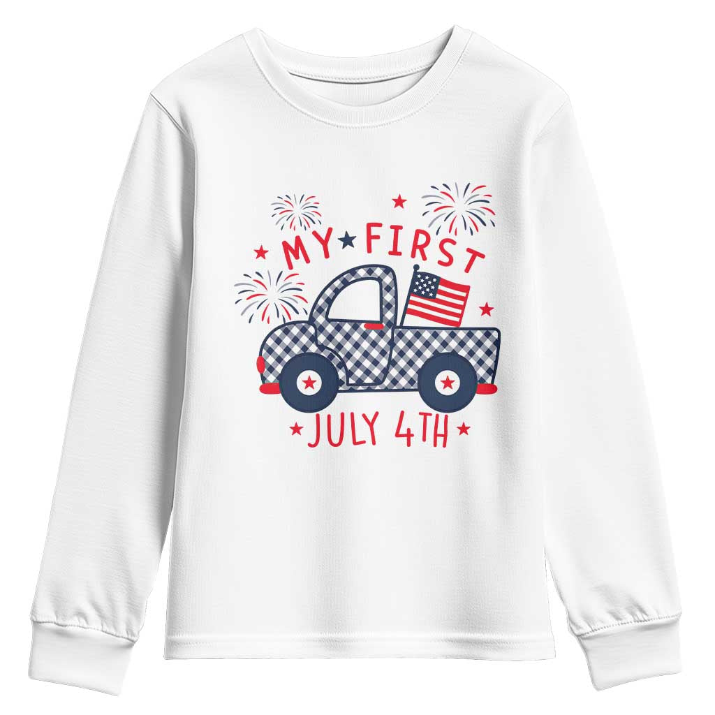 My First July 4th Gingham Vintage Truck Americana Youth Sweatshirt Patriotic Fireworks Independence Holiday Milestone TS02 White Print Your Wear
