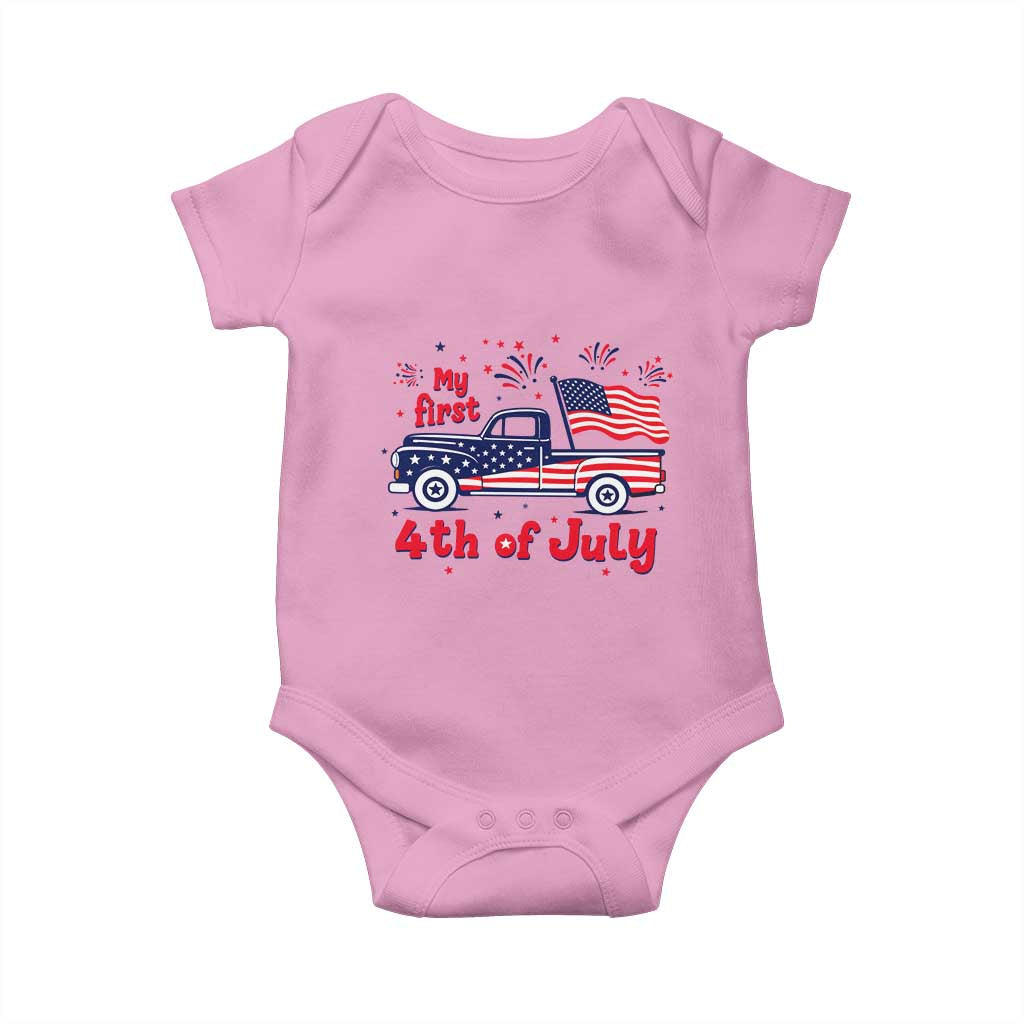 My First 4th of July Retro American Flag Pickup Truck Baby Onesie Americana Patriotic Independence Holiday Milestone