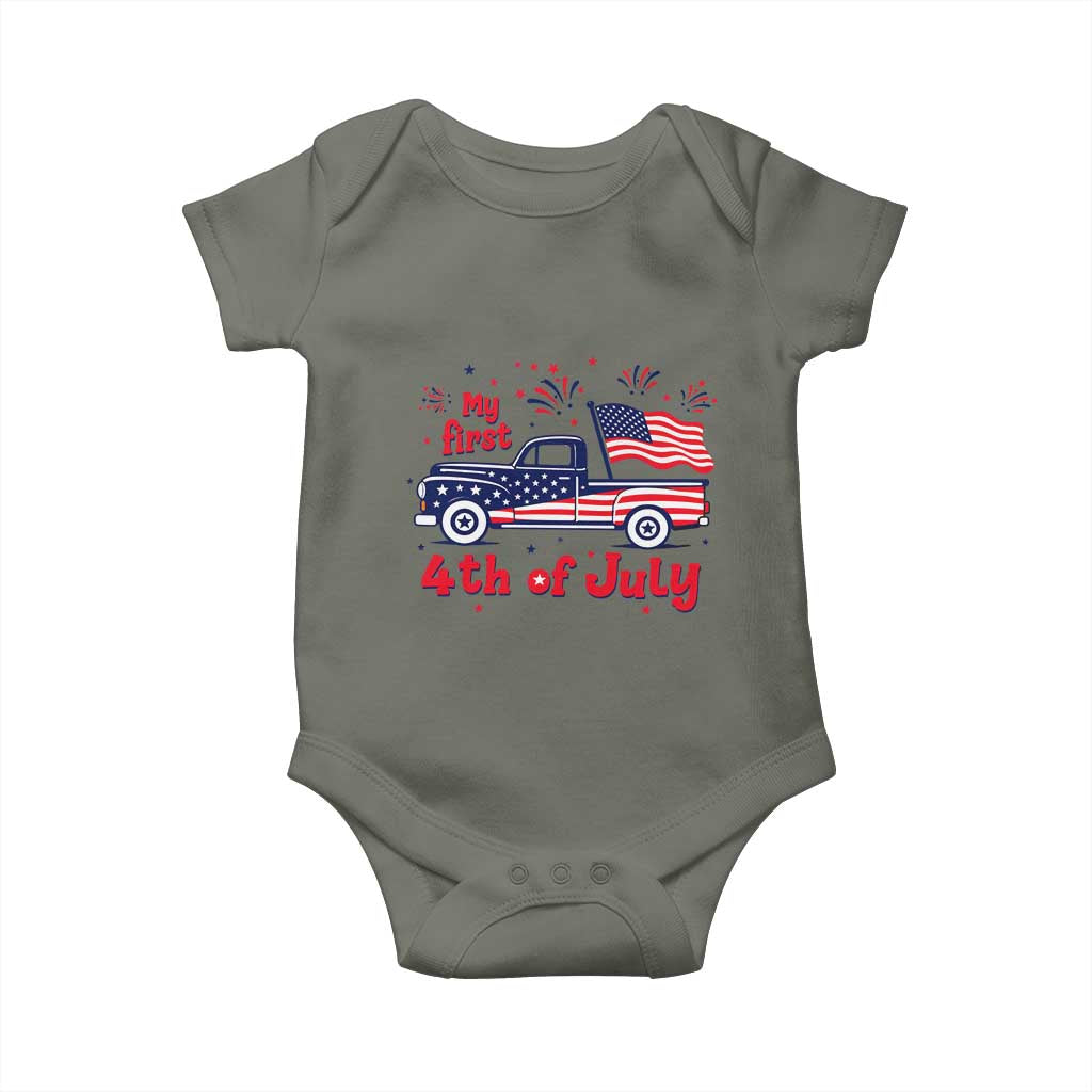 My First 4th of July Retro American Flag Pickup Truck Baby Onesie Americana Patriotic Independence Holiday Milestone
