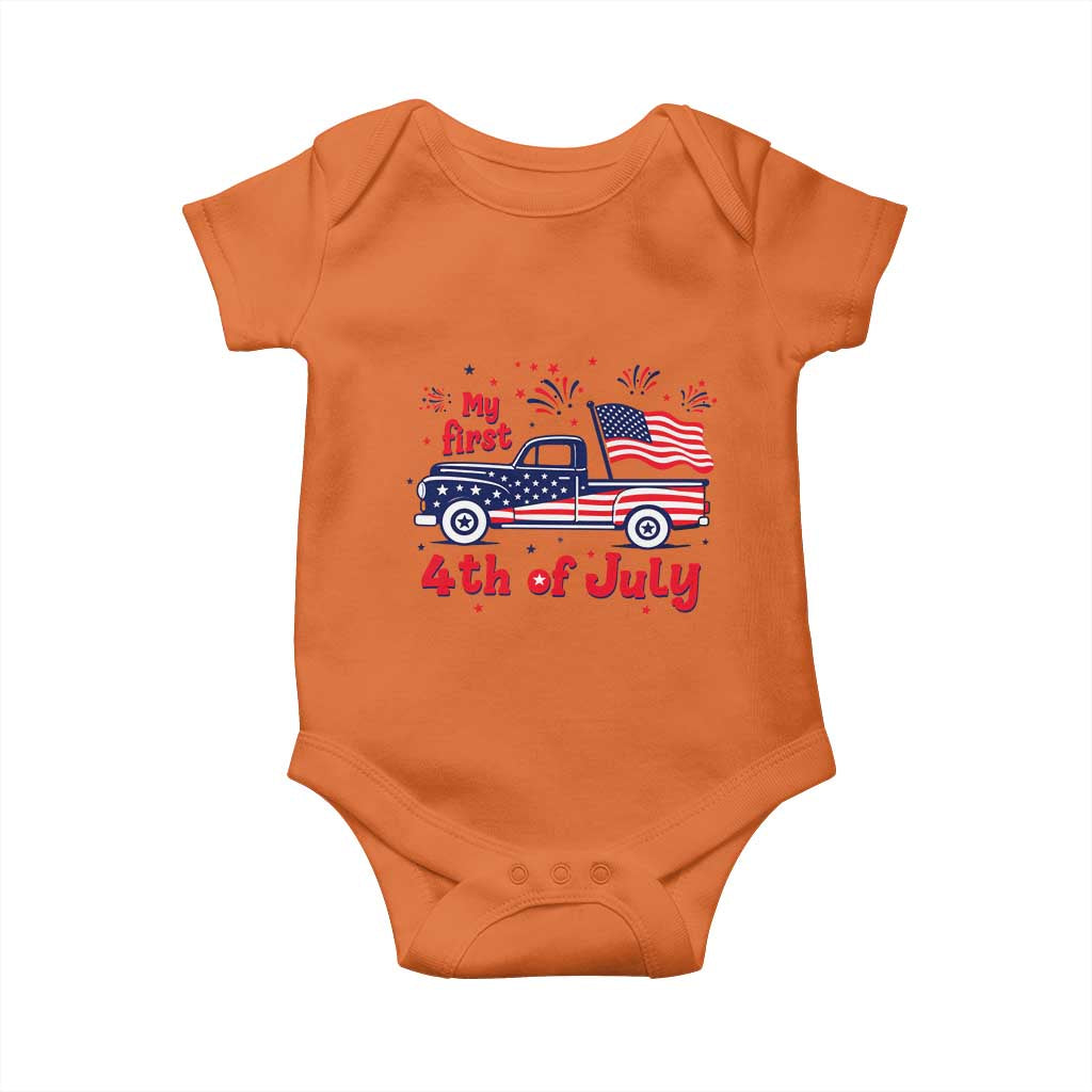 My First 4th of July Retro American Flag Pickup Truck Baby Onesie Americana Patriotic Independence Holiday Milestone