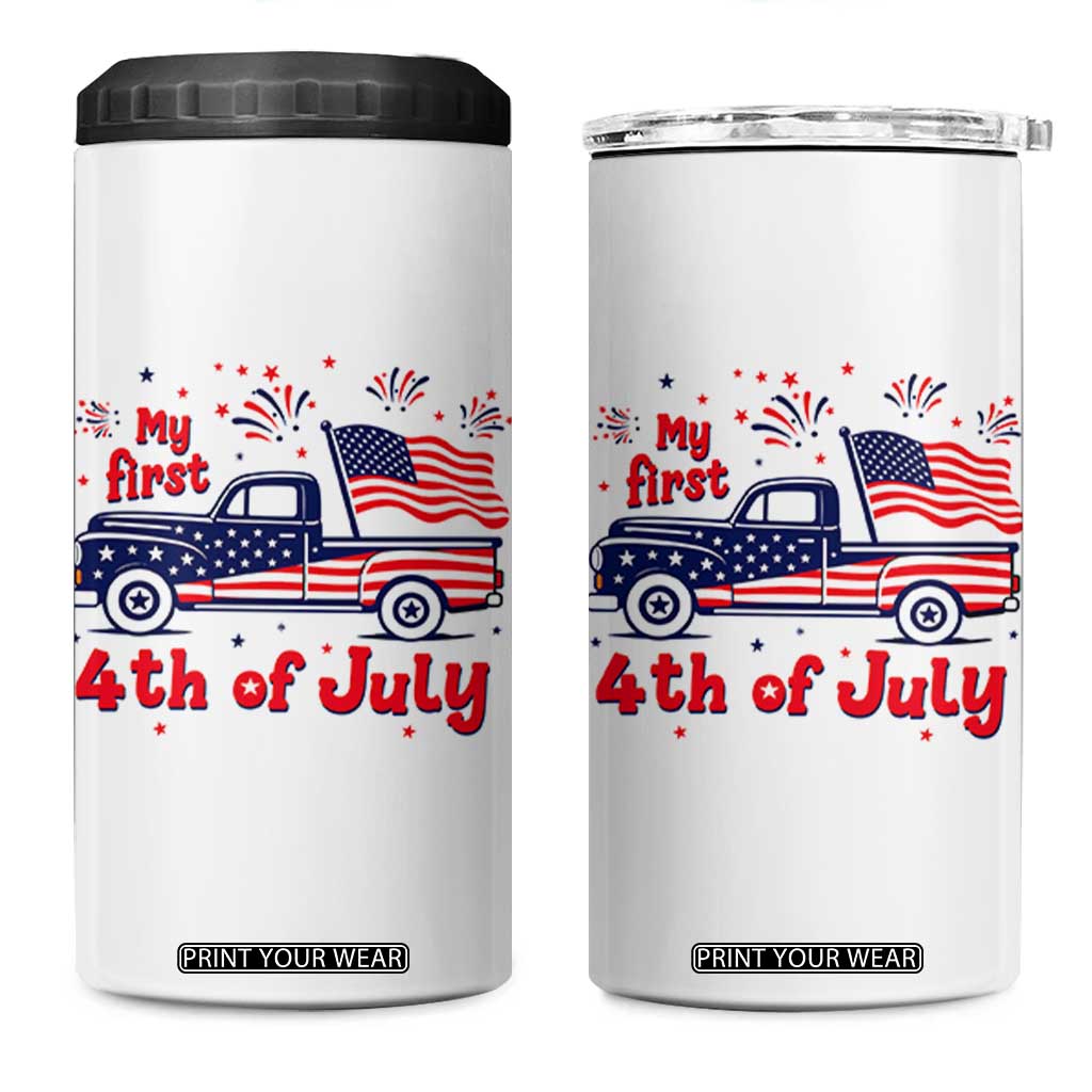 My First 4th of July Retro American Flag Pickup Truck 4 in 1 Can Cooler Tumbler Americana Patriotic Independence Holiday Milestone