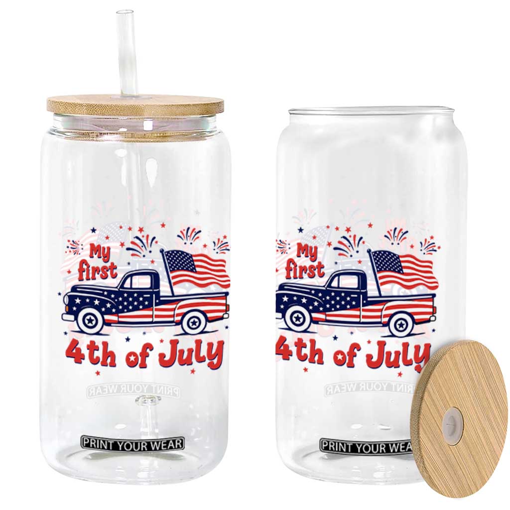My First 4th of July Retro American Flag Pickup Truck Glass Can Americana Patriotic Independence Holiday Milestone