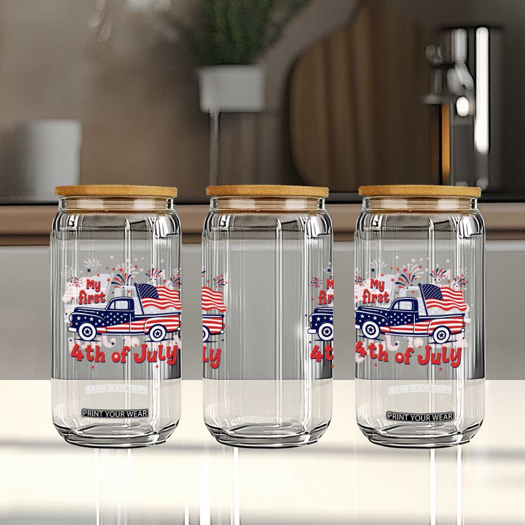 My First 4th of July Retro American Flag Pickup Truck Glass Can Americana Patriotic Independence Holiday Milestone