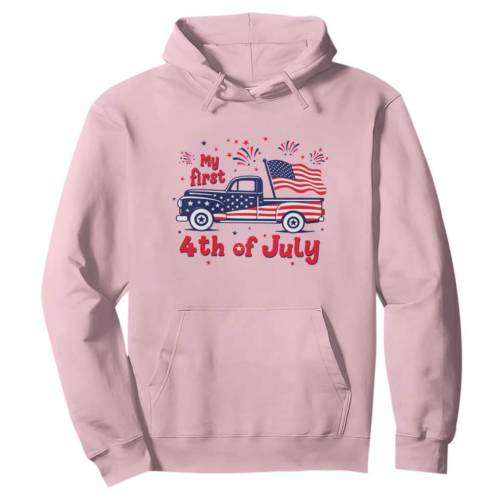 My First 4th of July Retro American Flag Pickup Truck Hoodie Americana Patriotic Independence Holiday Milestone