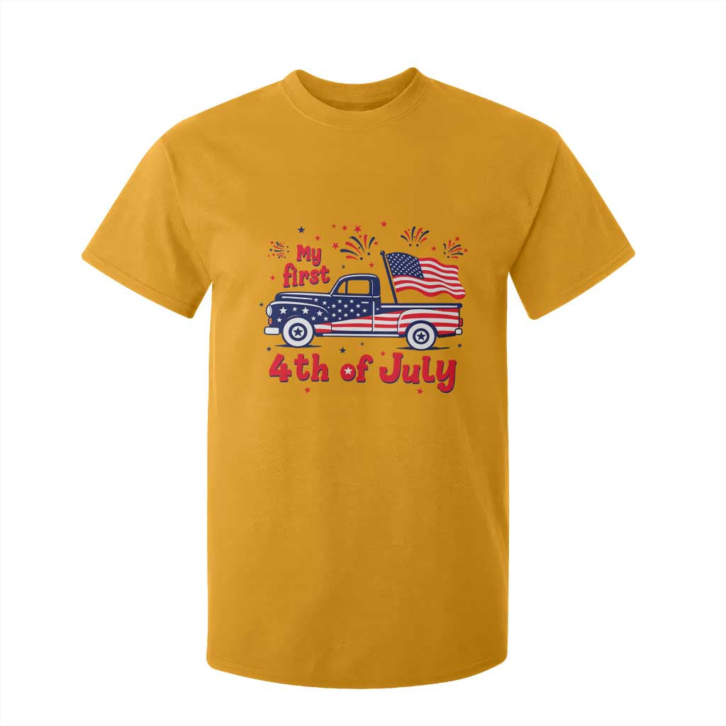 My First 4th of July Retro American Flag Pickup Truck T Shirt For Kid Americana Patriotic Independence Holiday Milestone