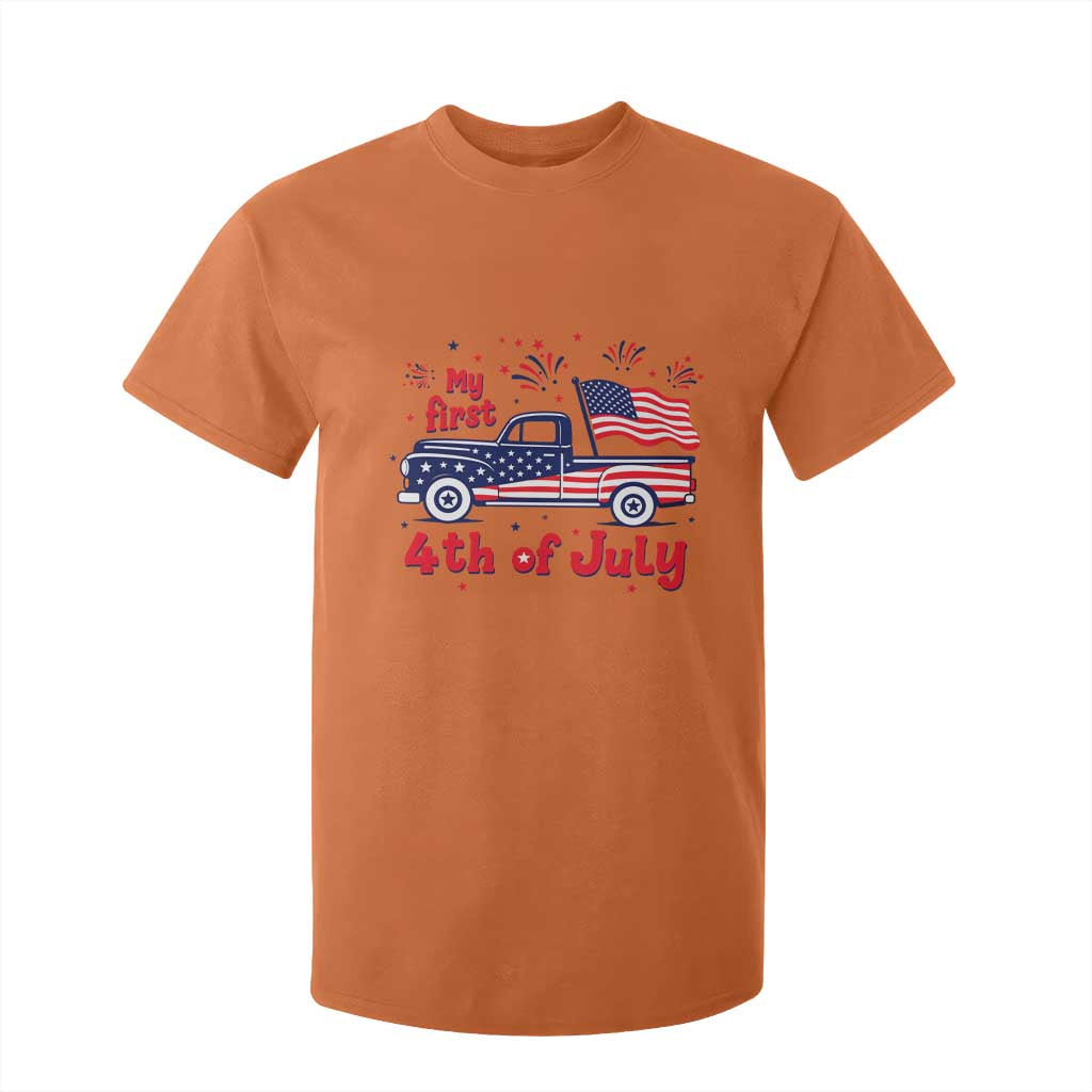 My First 4th of July Retro American Flag Pickup Truck T Shirt For Kid Americana Patriotic Independence Holiday Milestone