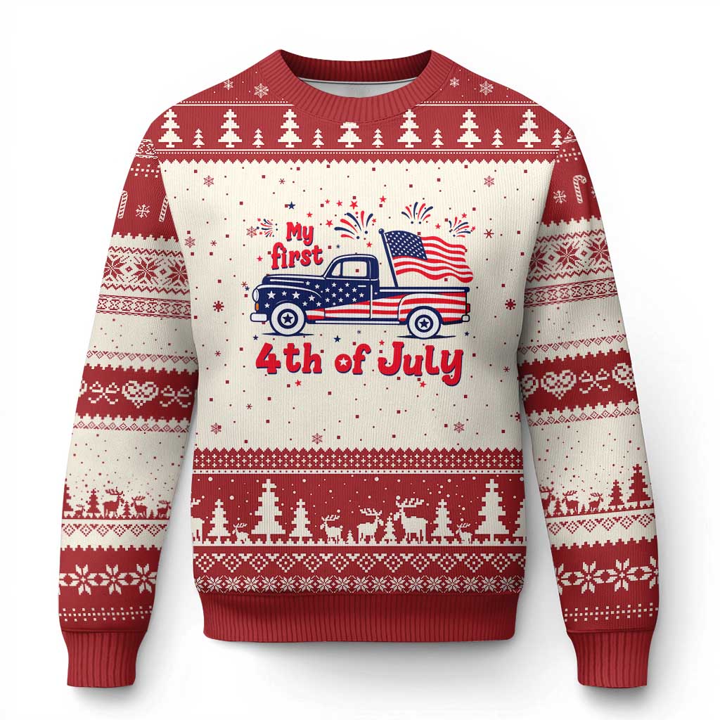 My First 4th of July Retro American Flag Pickup Truck Ugly Christmas Sweater Americana Patriotic Independence Holiday Milestone