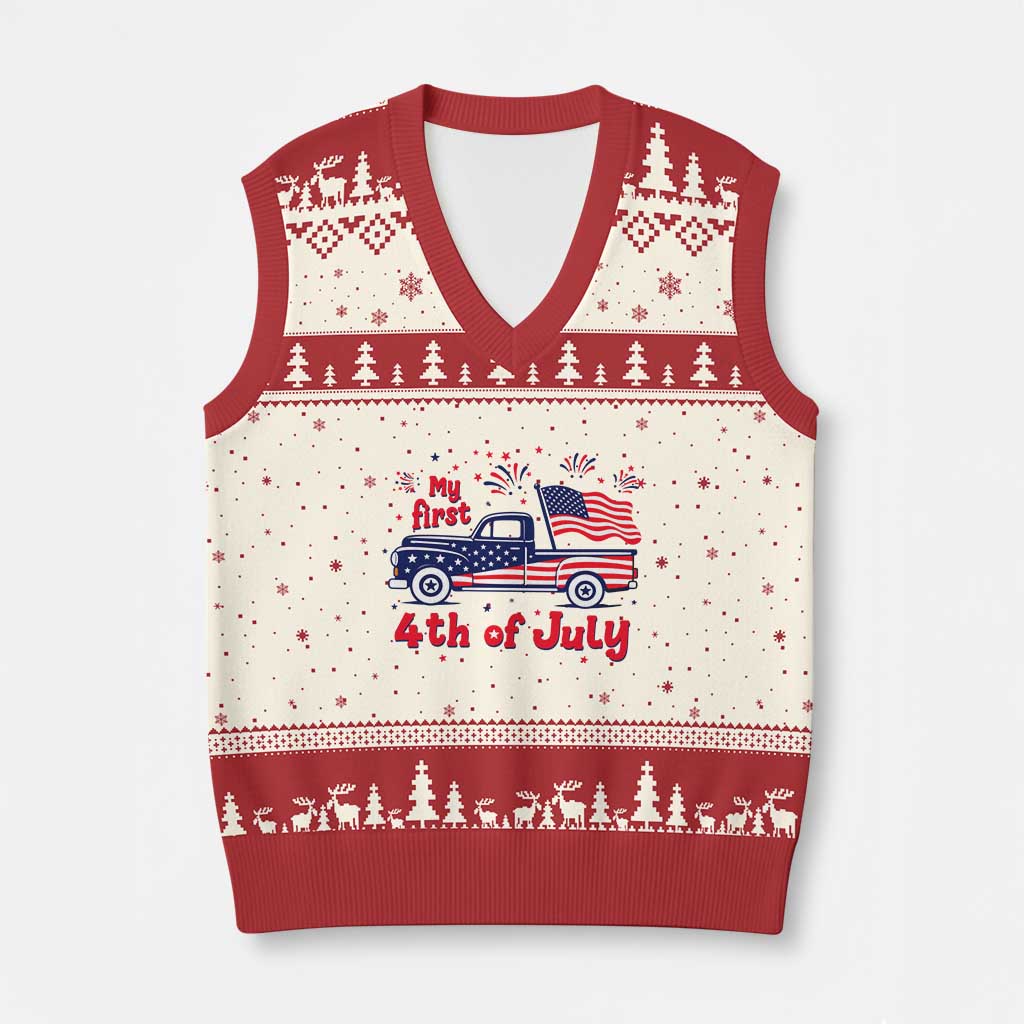 My First 4th of July Retro American Flag Pickup Truck V-Neck Knit Sweater Vest Americana Patriotic Independence Holiday Milestone TS02 Beige Red Print Your Wear