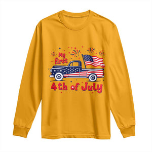 My First 4th of July Retro American Flag Pickup Truck Long Sleeve Shirt Americana Patriotic Independence Holiday Milestone