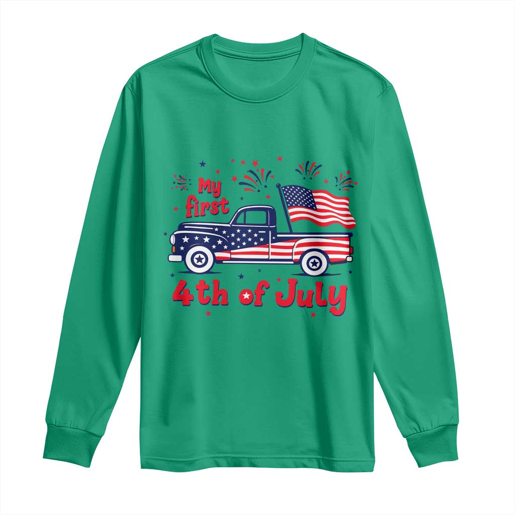 My First 4th of July Retro American Flag Pickup Truck Long Sleeve Shirt Americana Patriotic Independence Holiday Milestone