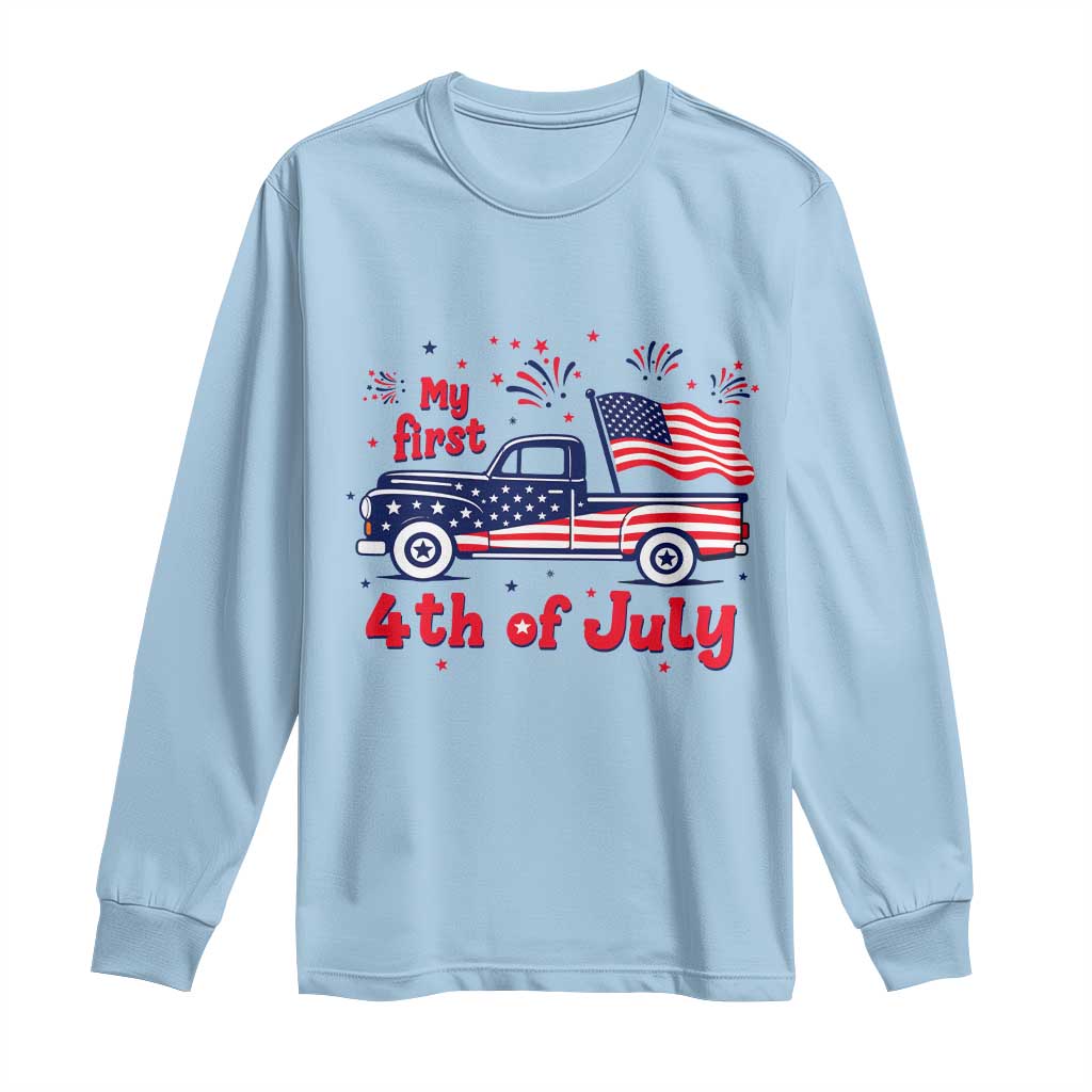 My First 4th of July Retro American Flag Pickup Truck Long Sleeve Shirt Americana Patriotic Independence Holiday Milestone