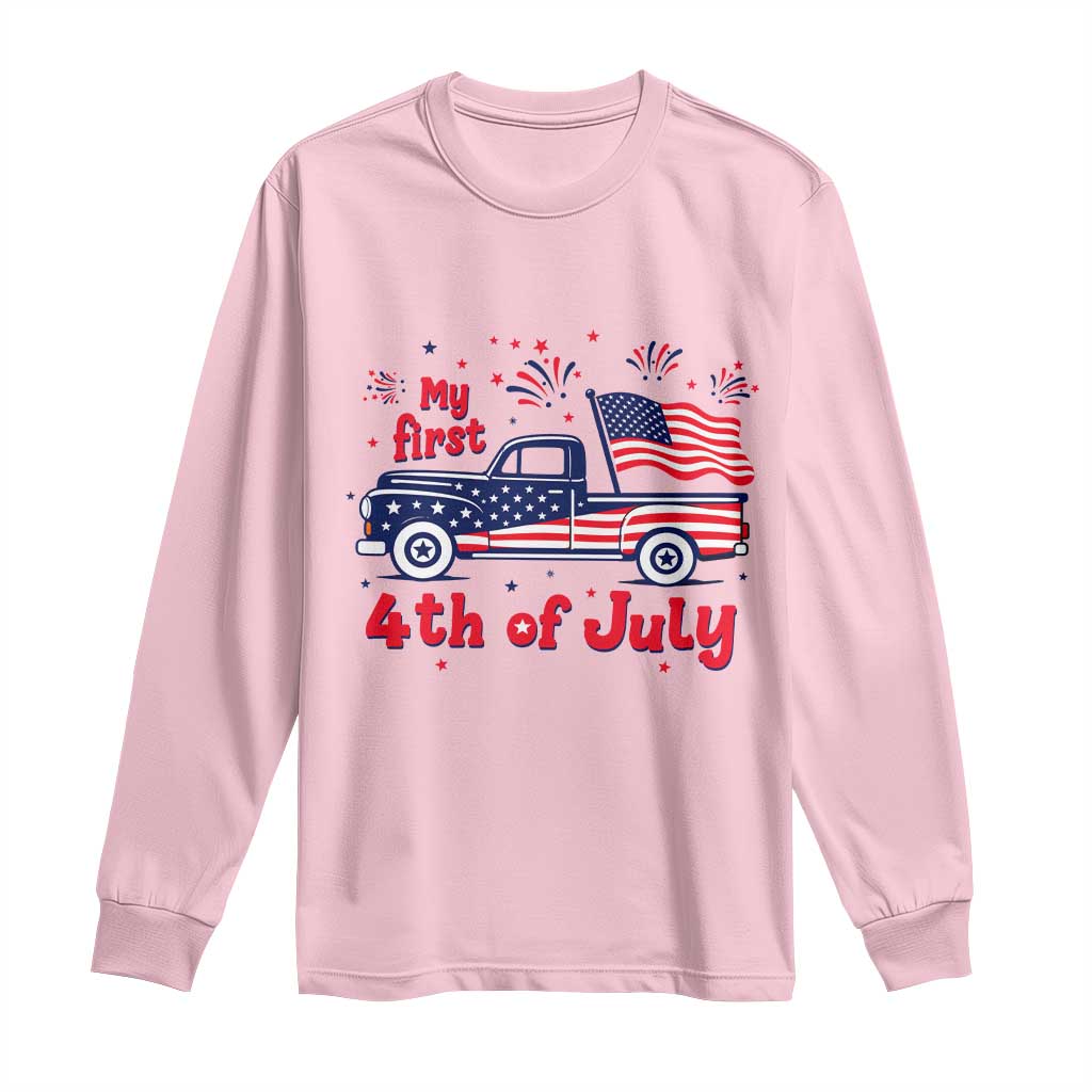 My First 4th of July Retro American Flag Pickup Truck Long Sleeve Shirt Americana Patriotic Independence Holiday Milestone