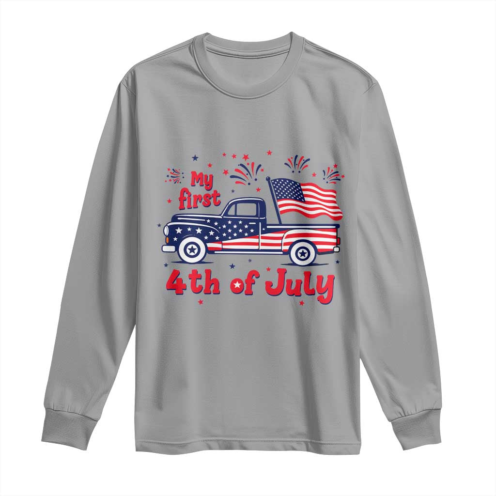 My First 4th of July Retro American Flag Pickup Truck Long Sleeve Shirt Americana Patriotic Independence Holiday Milestone