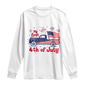 My First 4th of July Retro American Flag Pickup Truck Long Sleeve Shirt Americana Patriotic Independence Holiday Milestone
