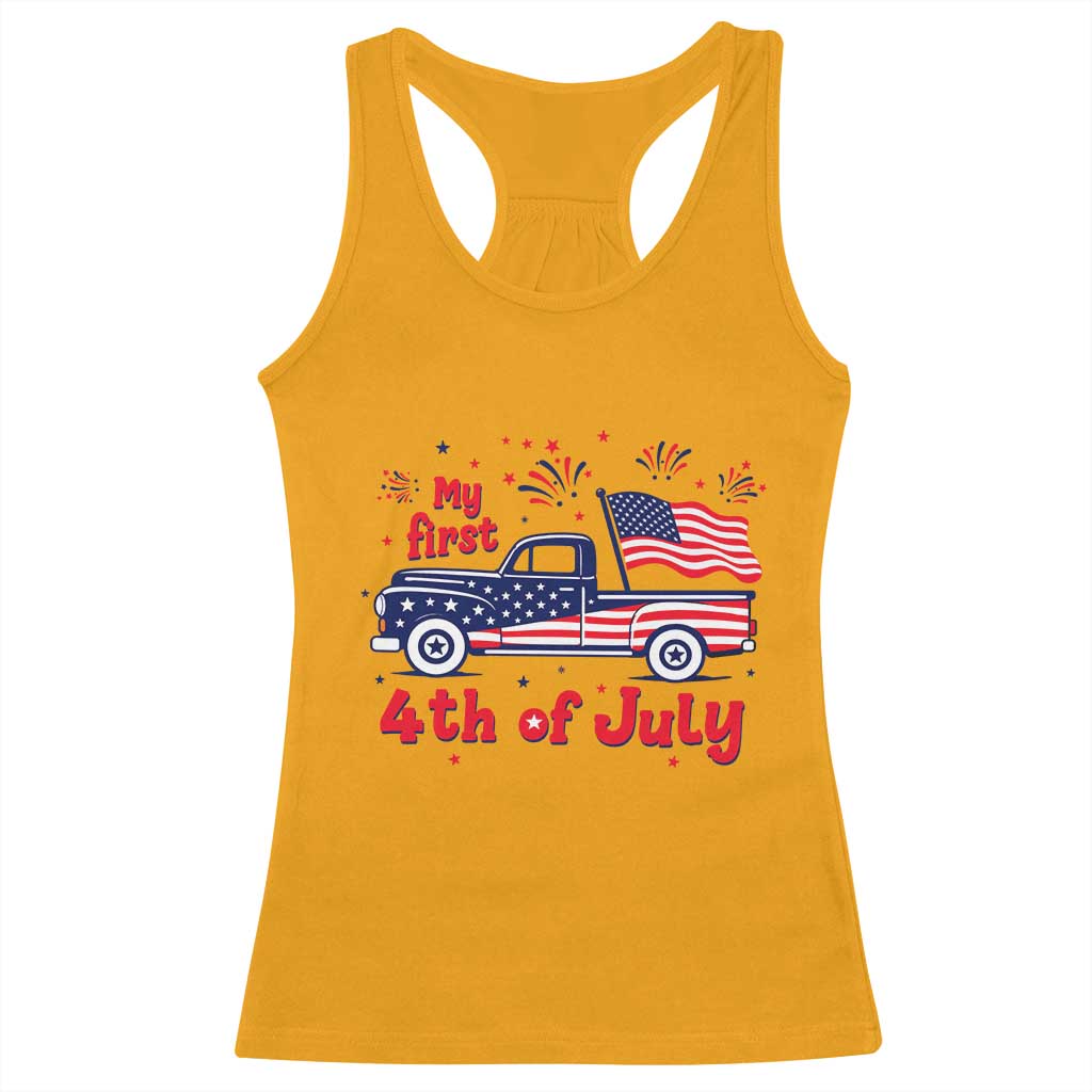 My First 4th of July Retro American Flag Pickup Truck Racerback Tank Top Americana Patriotic Independence Holiday Milestone
