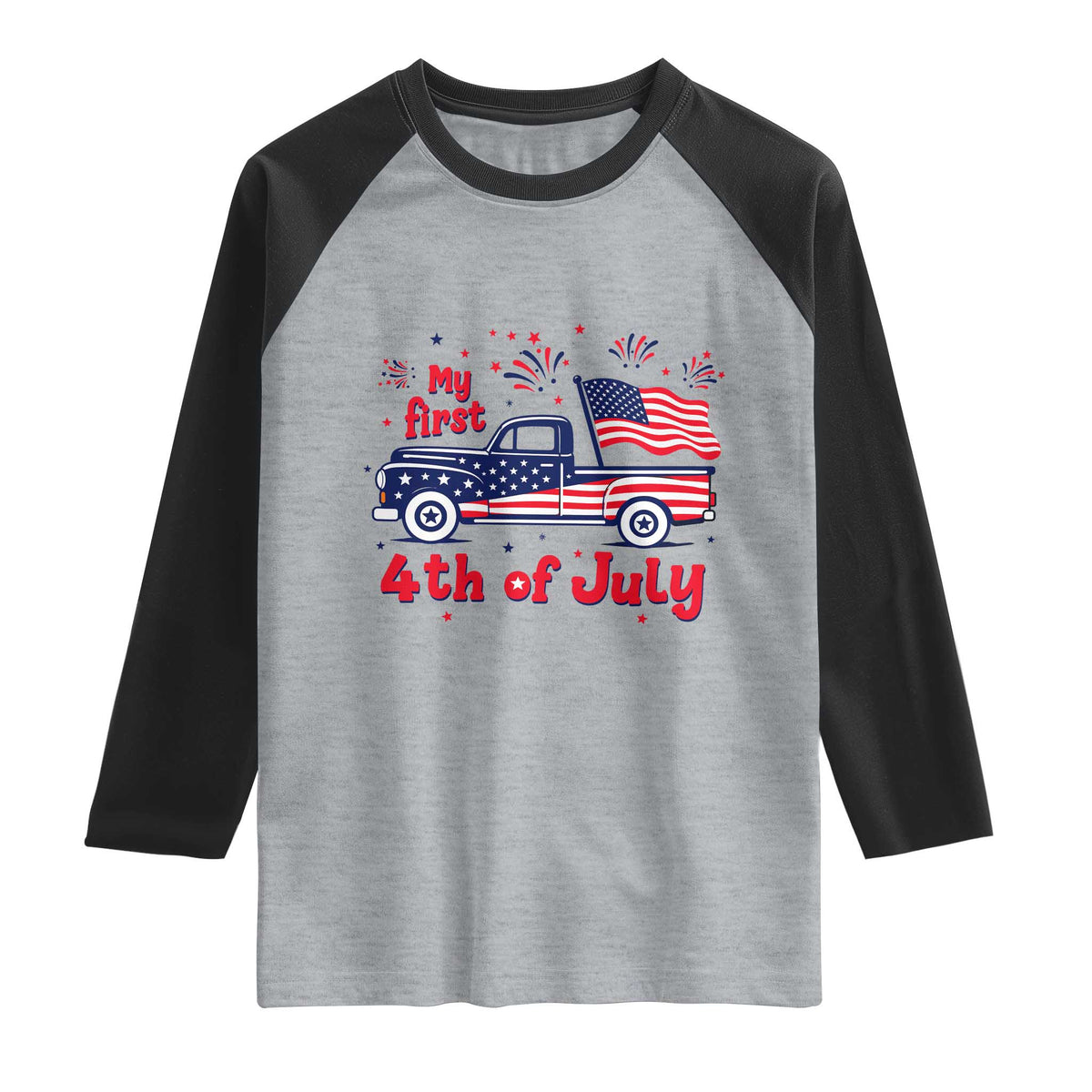 My First 4th of July Retro American Flag Pickup Truck Raglan Shirt Americana Patriotic Independence Holiday Milestone