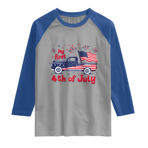 My First 4th of July Retro American Flag Pickup Truck Raglan Shirt Americana Patriotic Independence Holiday Milestone