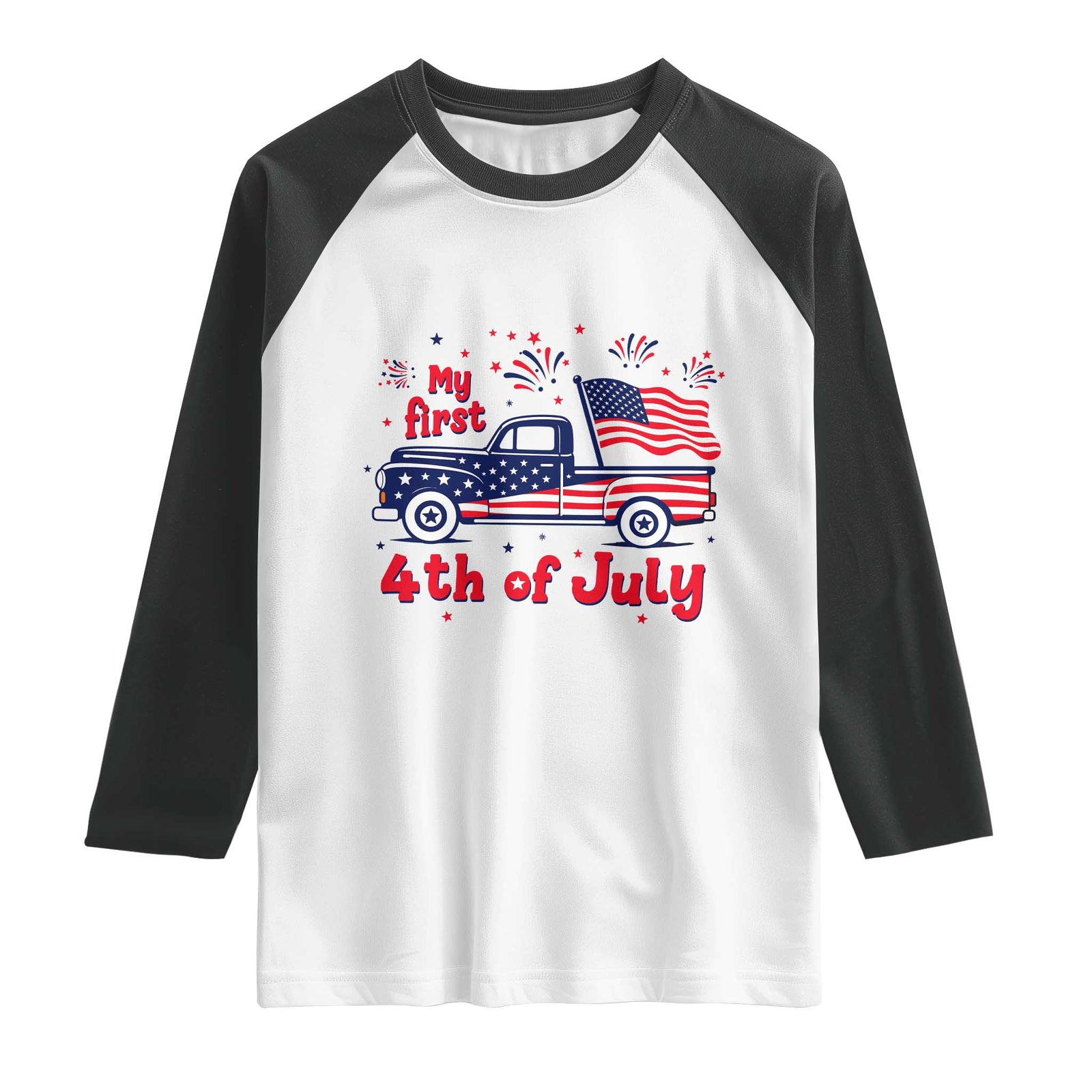 My First 4th of July Retro American Flag Pickup Truck Raglan Shirt Americana Patriotic Independence Holiday Milestone TS02 White Black Print Your Wear