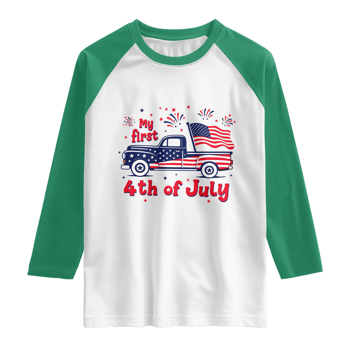 My First 4th of July Retro American Flag Pickup Truck Raglan Shirt Americana Patriotic Independence Holiday Milestone