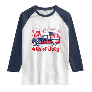 My First 4th of July Retro American Flag Pickup Truck Raglan Shirt Americana Patriotic Independence Holiday Milestone