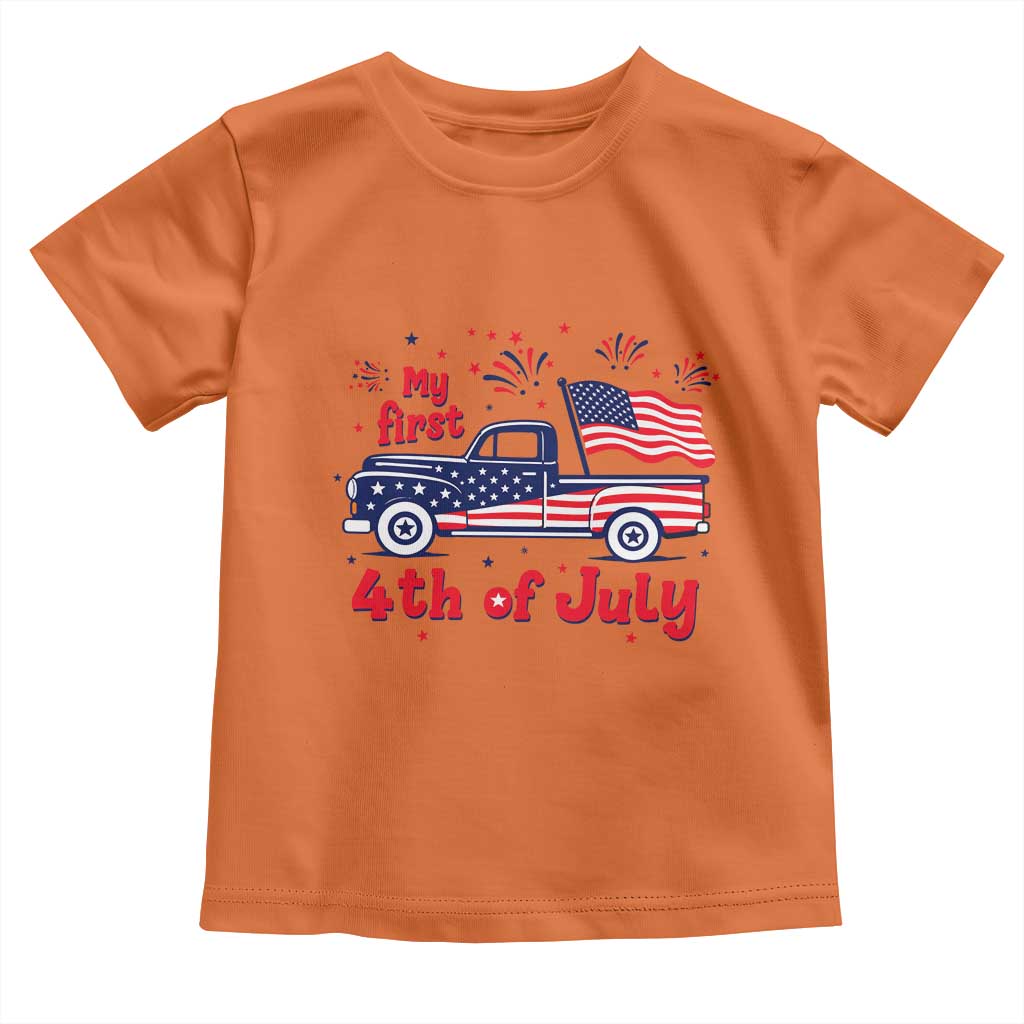 My First 4th of July Retro American Flag Pickup Truck Toddler T Shirt Americana Patriotic Independence Holiday Milestone