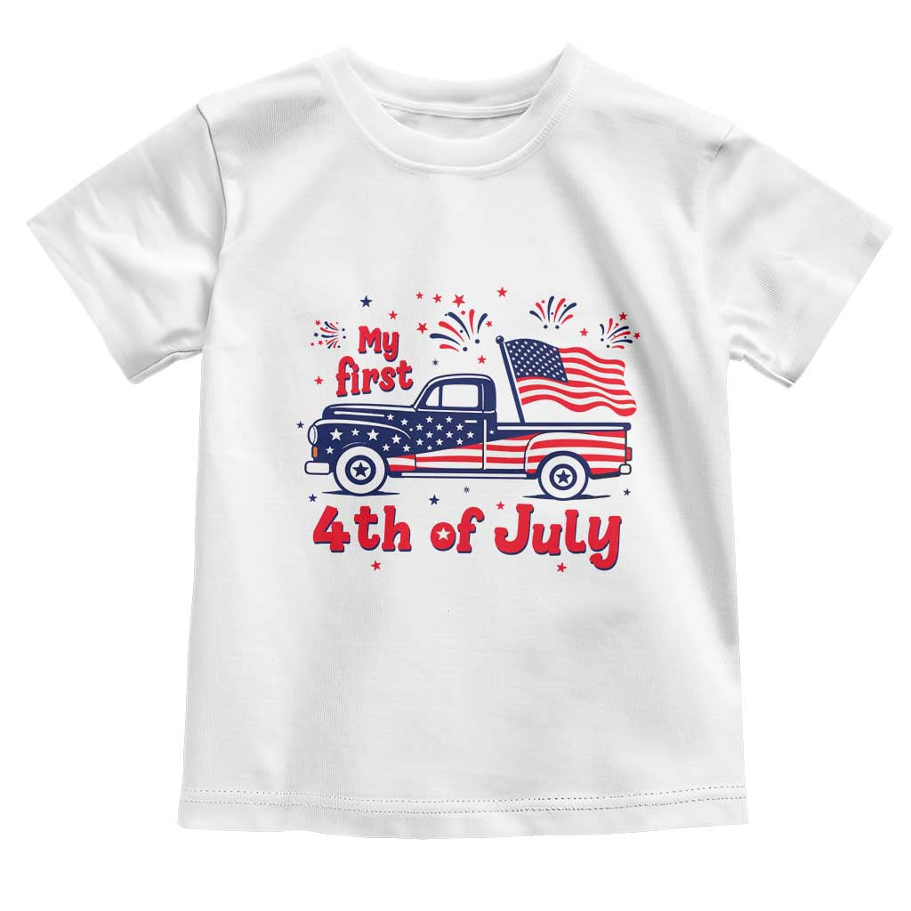 My First 4th of July Retro American Flag Pickup Truck Toddler T Shirt Americana Patriotic Independence Holiday Milestone