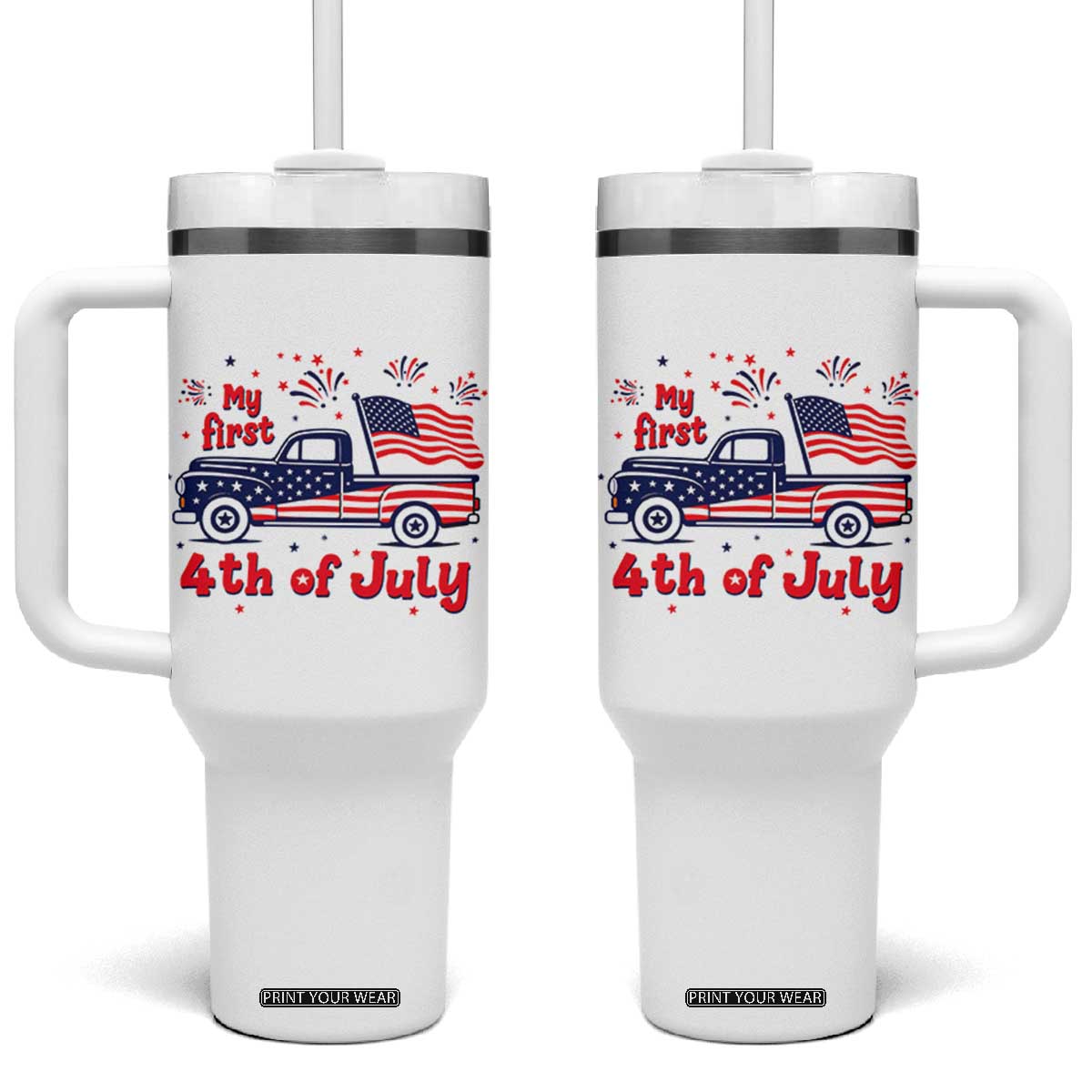 My First 4th of July Retro American Flag Pickup Truck Tumbler With Handle Americana Patriotic Independence Holiday Milestone