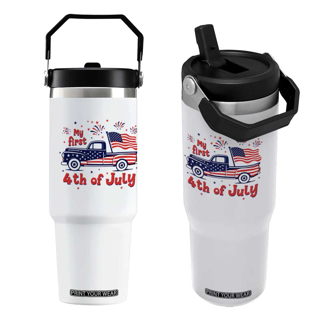 My First 4th of July Retro American Flag Pickup Truck Flip Straw Tumbler Americana Patriotic Independence Holiday Milestone