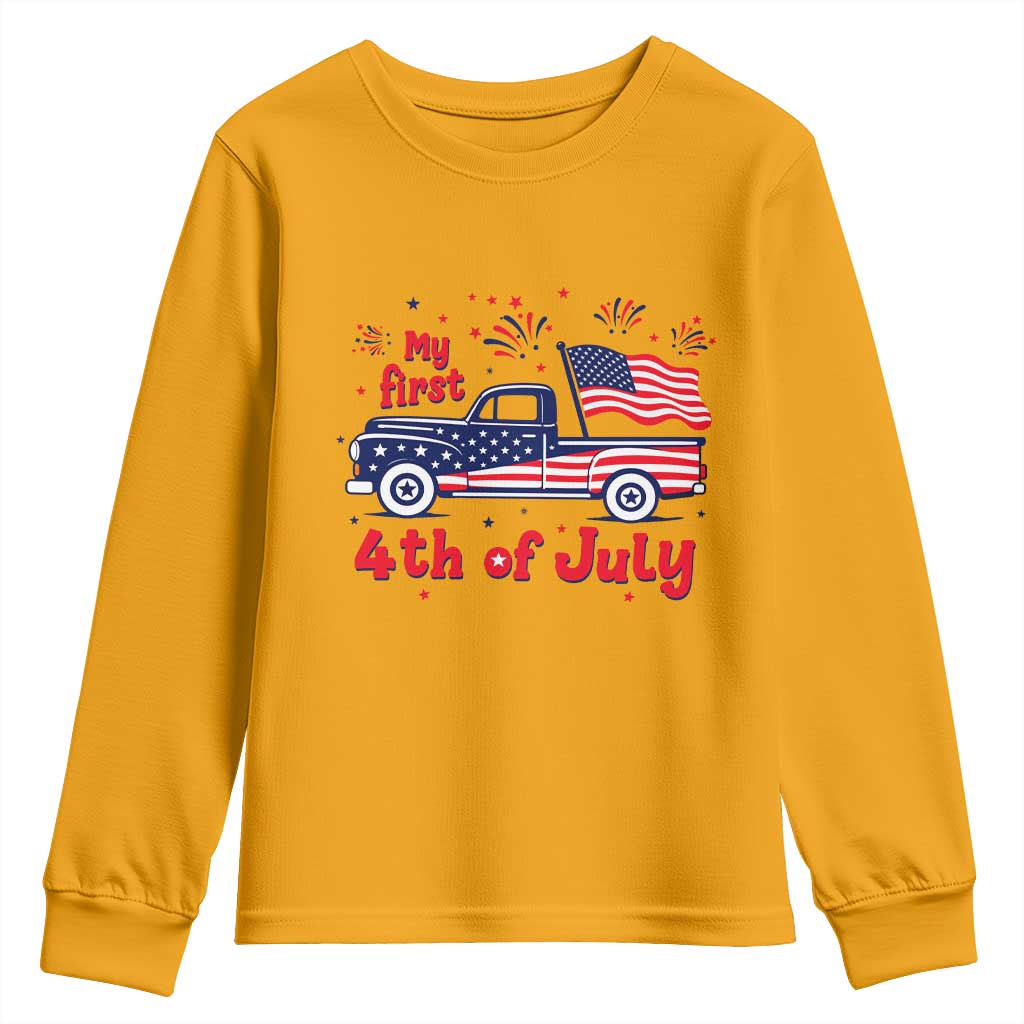 My First 4th of July Retro American Flag Pickup Truck Youth Sweatshirt Americana Patriotic Independence Holiday Milestone