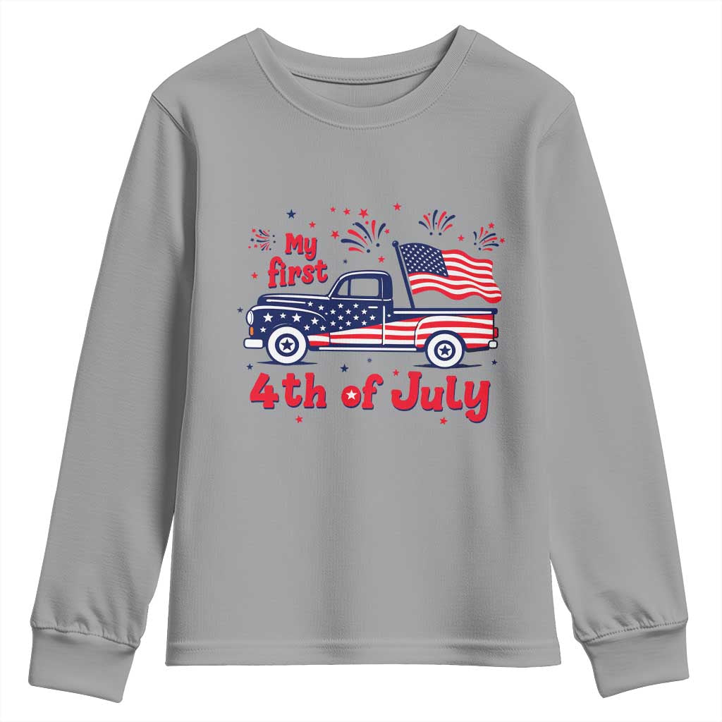 My First 4th of July Retro American Flag Pickup Truck Youth Sweatshirt Americana Patriotic Independence Holiday Milestone