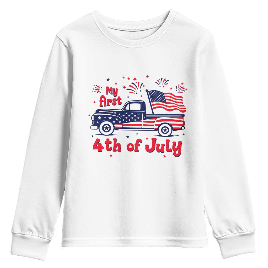 My First 4th of July Retro American Flag Pickup Truck Youth Sweatshirt Americana Patriotic Independence Holiday Milestone