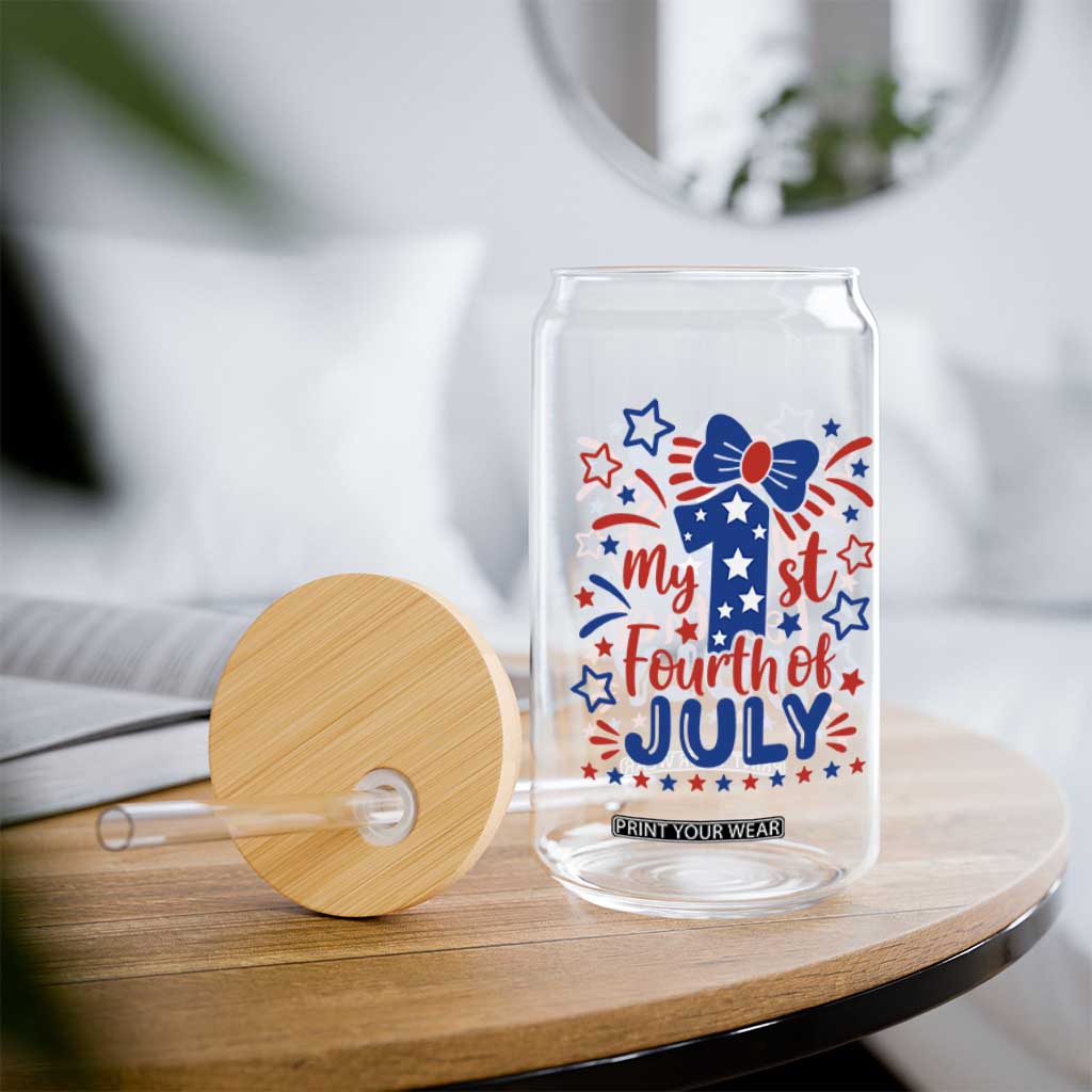 My 1st Fourth of July Patriotic Star Bow Glass Can Number One Festive Holiday Independence Milestone
