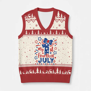 My 1st Fourth of July Patriotic Star Bow V-Neck Knit Sweater Vest Number One Festive Holiday Independence Milestone