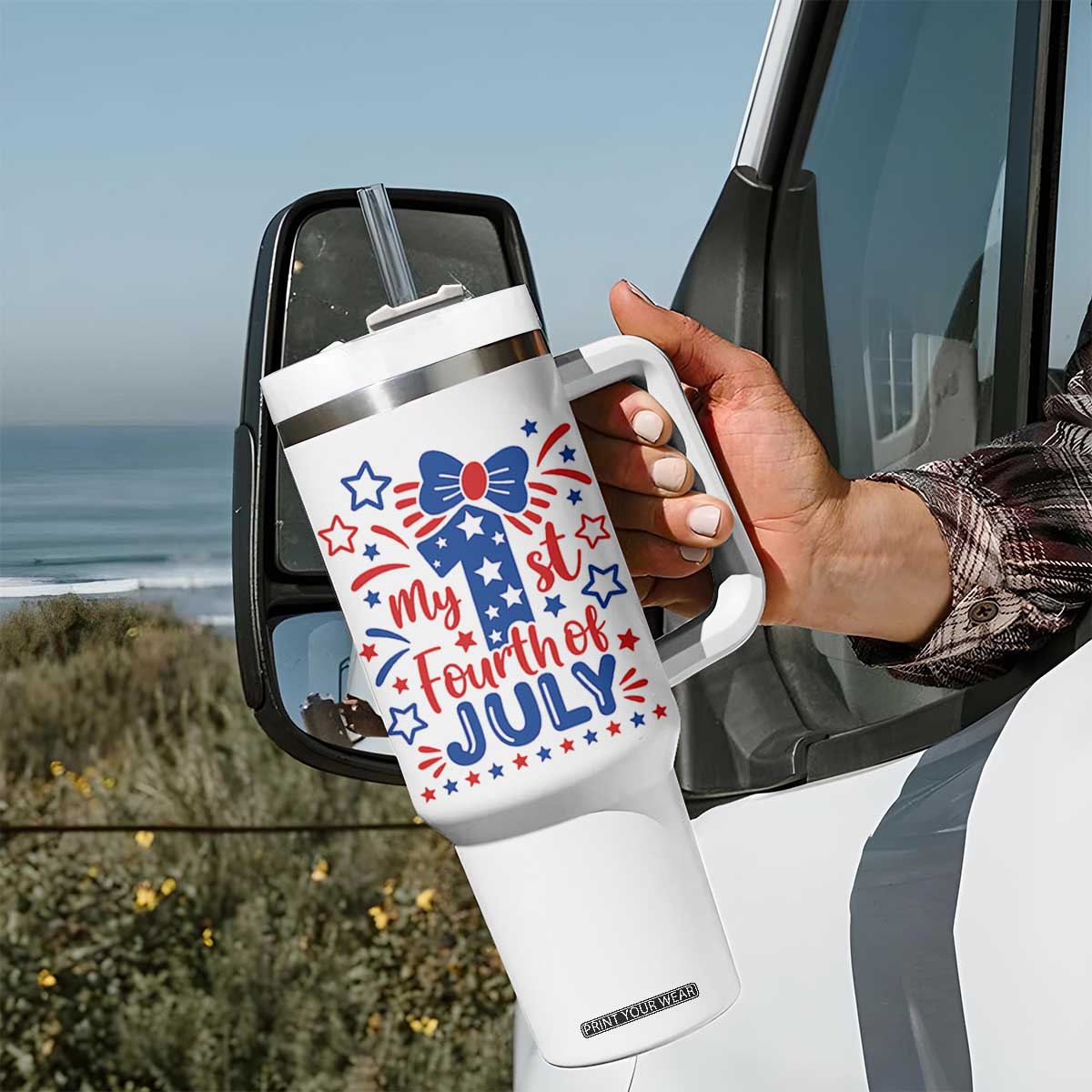 My 1st Fourth of July Patriotic Star Bow Tumbler With Handle Number One Festive Holiday Independence Milestone