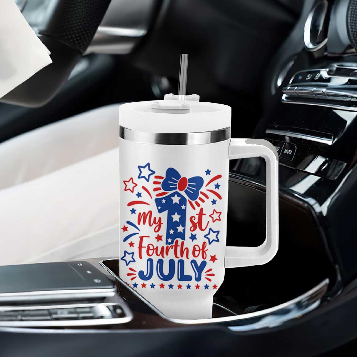 My 1st Fourth of July Patriotic Star Bow Tumbler With Handle Number One Festive Holiday Independence Milestone
