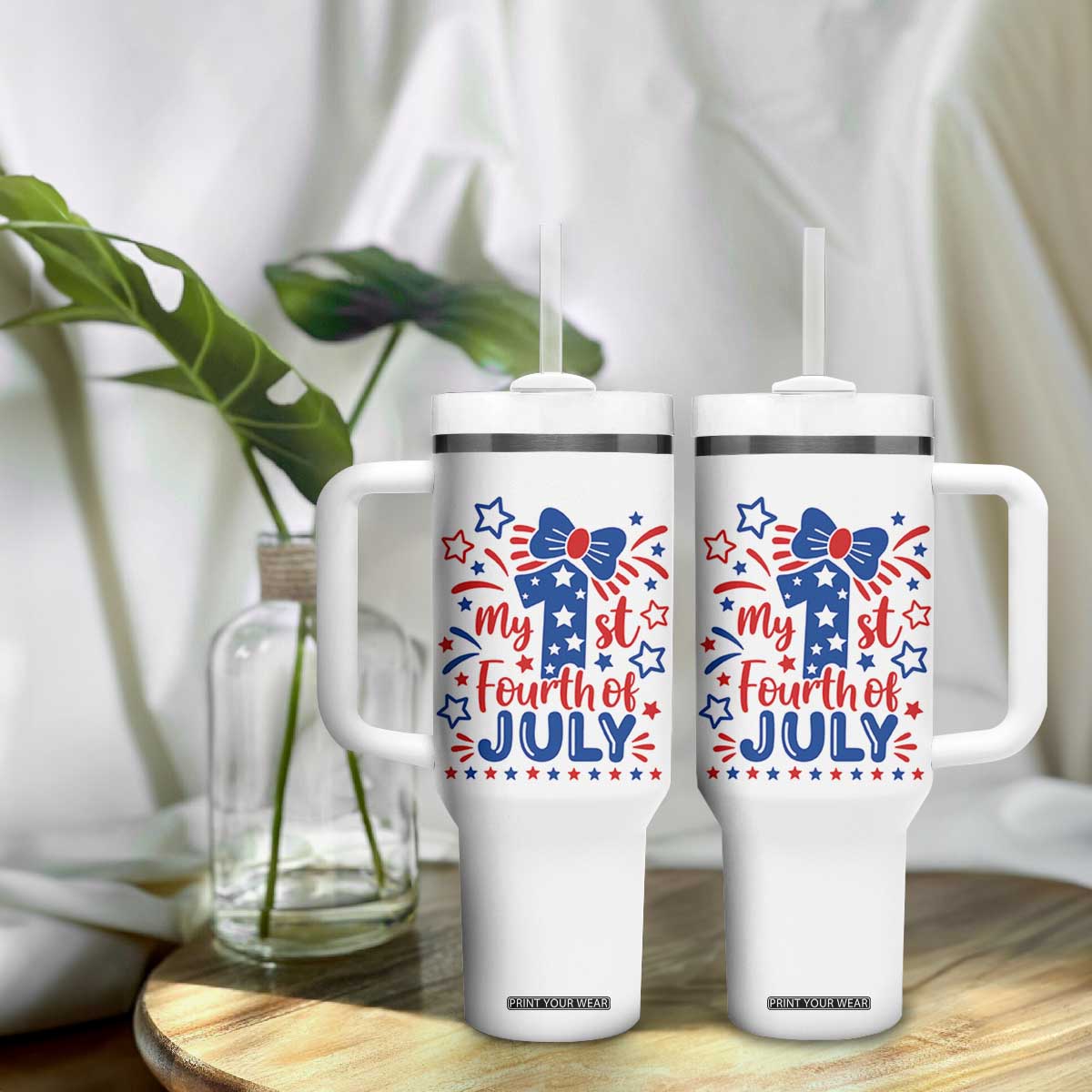 My 1st Fourth of July Patriotic Star Bow Tumbler With Handle Number One Festive Holiday Independence Milestone