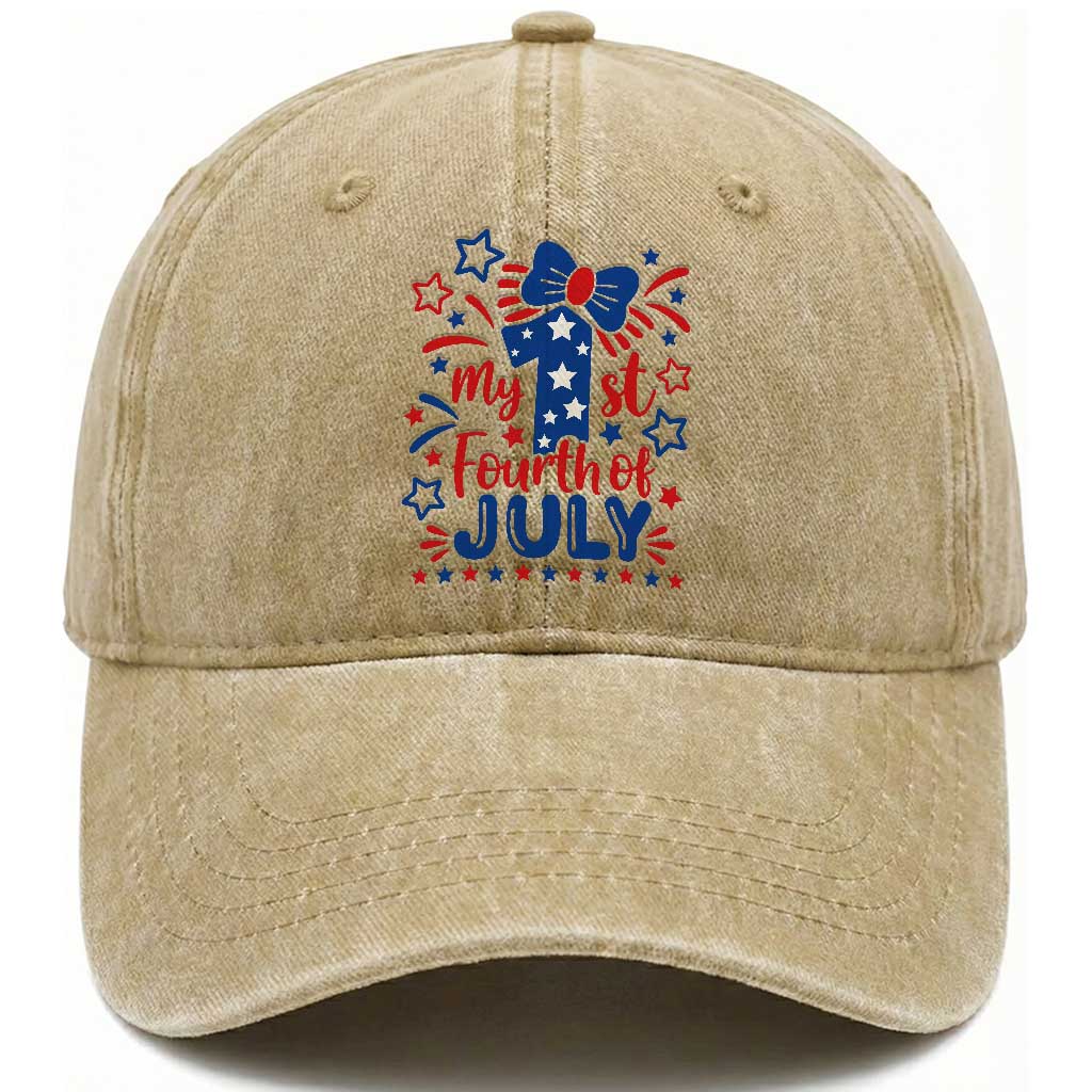 My 1st Fourth of July Patriotic Star Bow Washed Cotton Baseball Cap Number One Festive Holiday Independence Milestone
