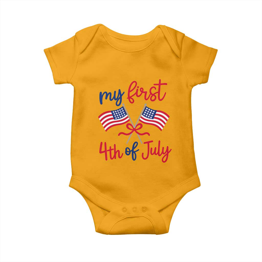 My First 4th of July Crossed American Flags Bow Baby Onesie Patriotic Baby Girl Holiday Milestone