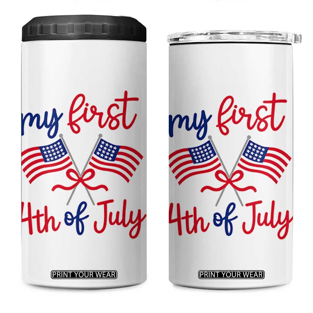 My First 4th of July Crossed American Flags Bow 4 in 1 Can Cooler Tumbler Patriotic Baby Girl Holiday Milestone