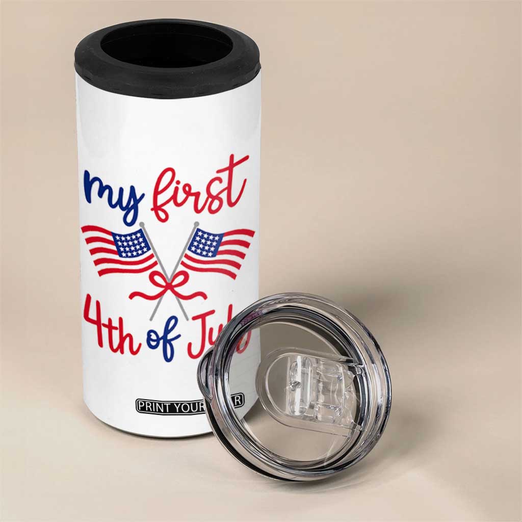 My First 4th of July Crossed American Flags Bow 4 in 1 Can Cooler Tumbler Patriotic Baby Girl Holiday Milestone
