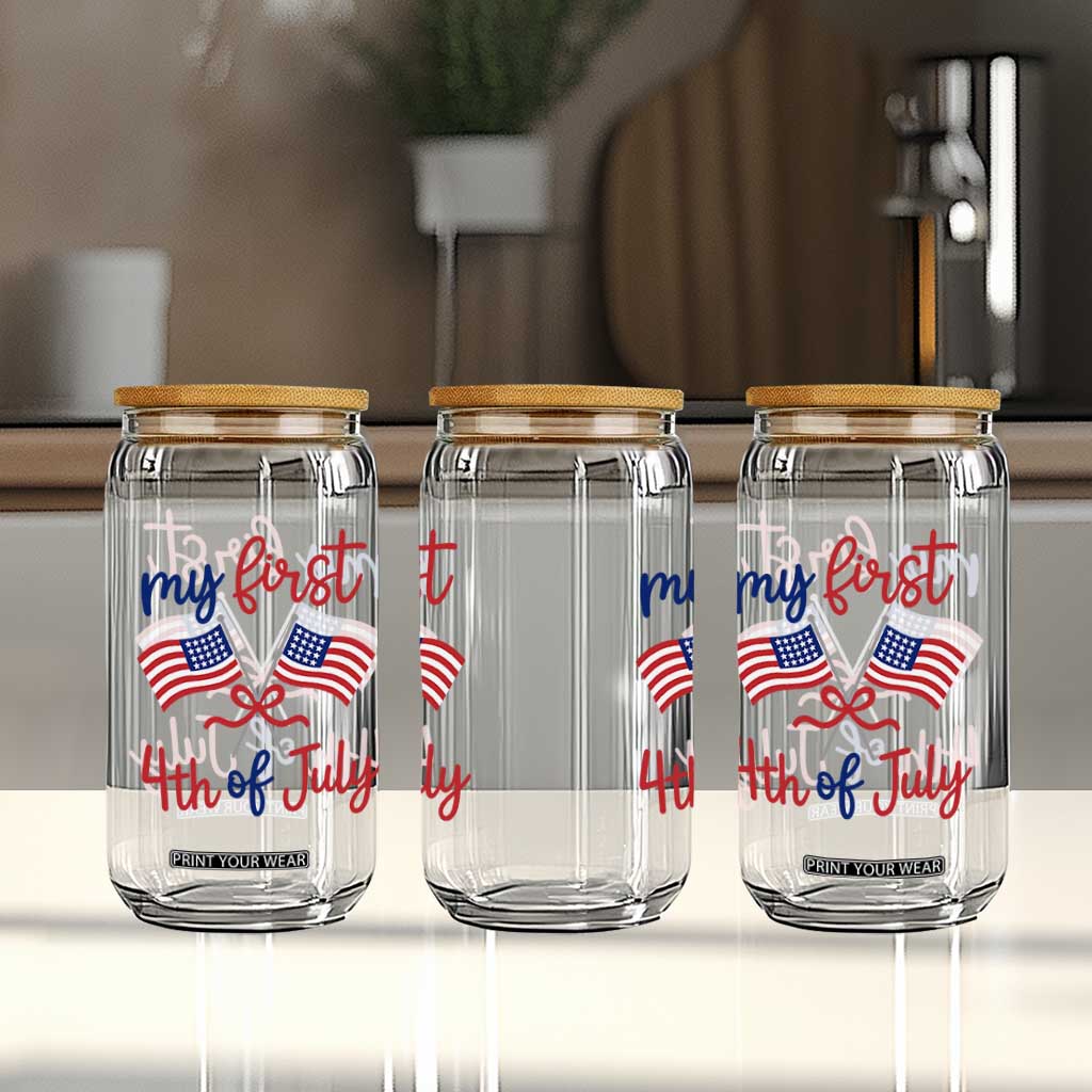 My First 4th of July Crossed American Flags Bow Glass Can Patriotic Baby Girl Holiday Milestone