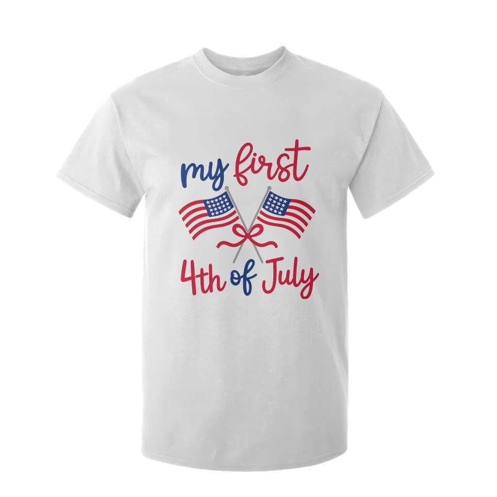 My First 4th of July Crossed American Flags Bow T Shirt For Kid Patriotic Baby Girl Holiday Milestone TS02 White Print Your Wear