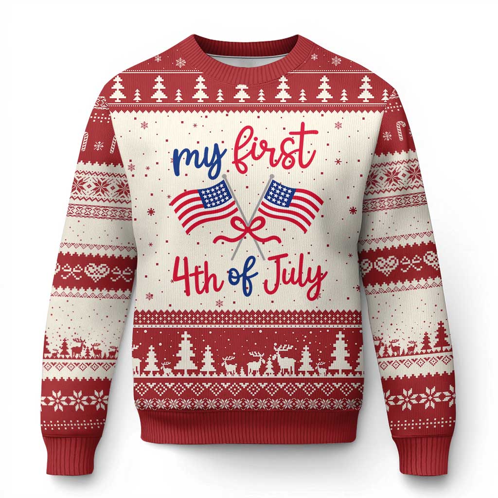 My First 4th of July Crossed American Flags Bow Ugly Christmas Sweater Patriotic Baby Girl Holiday Milestone TS02 Beige Red Print Your Wear