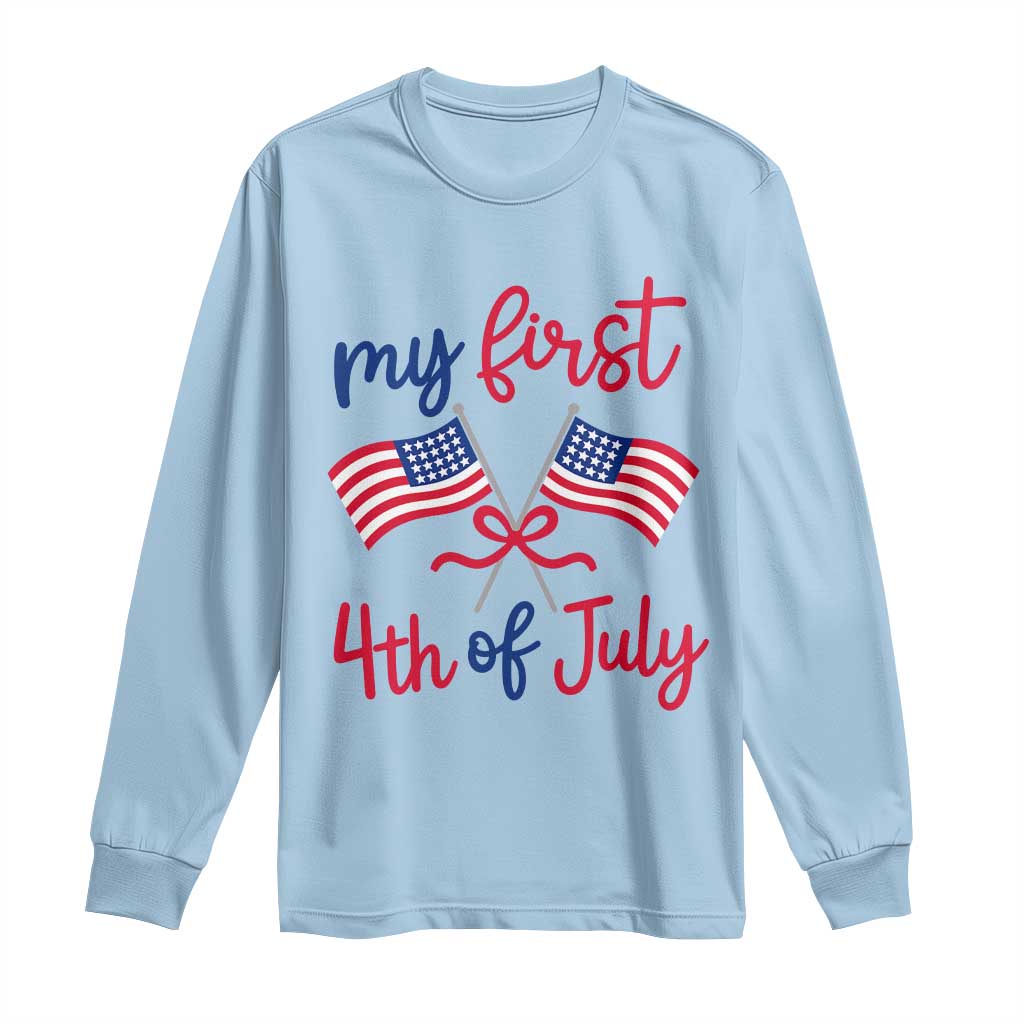 My First 4th of July Crossed American Flags Bow Long Sleeve Shirt Patriotic Baby Girl Holiday Milestone
